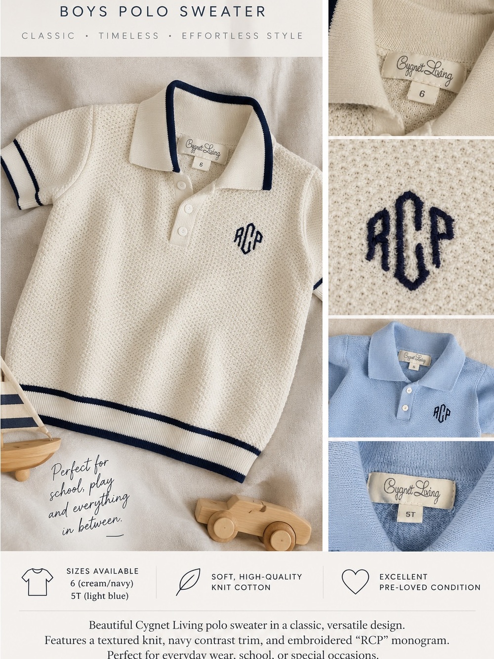 Cream & Navy Boys' Polo Sweaters